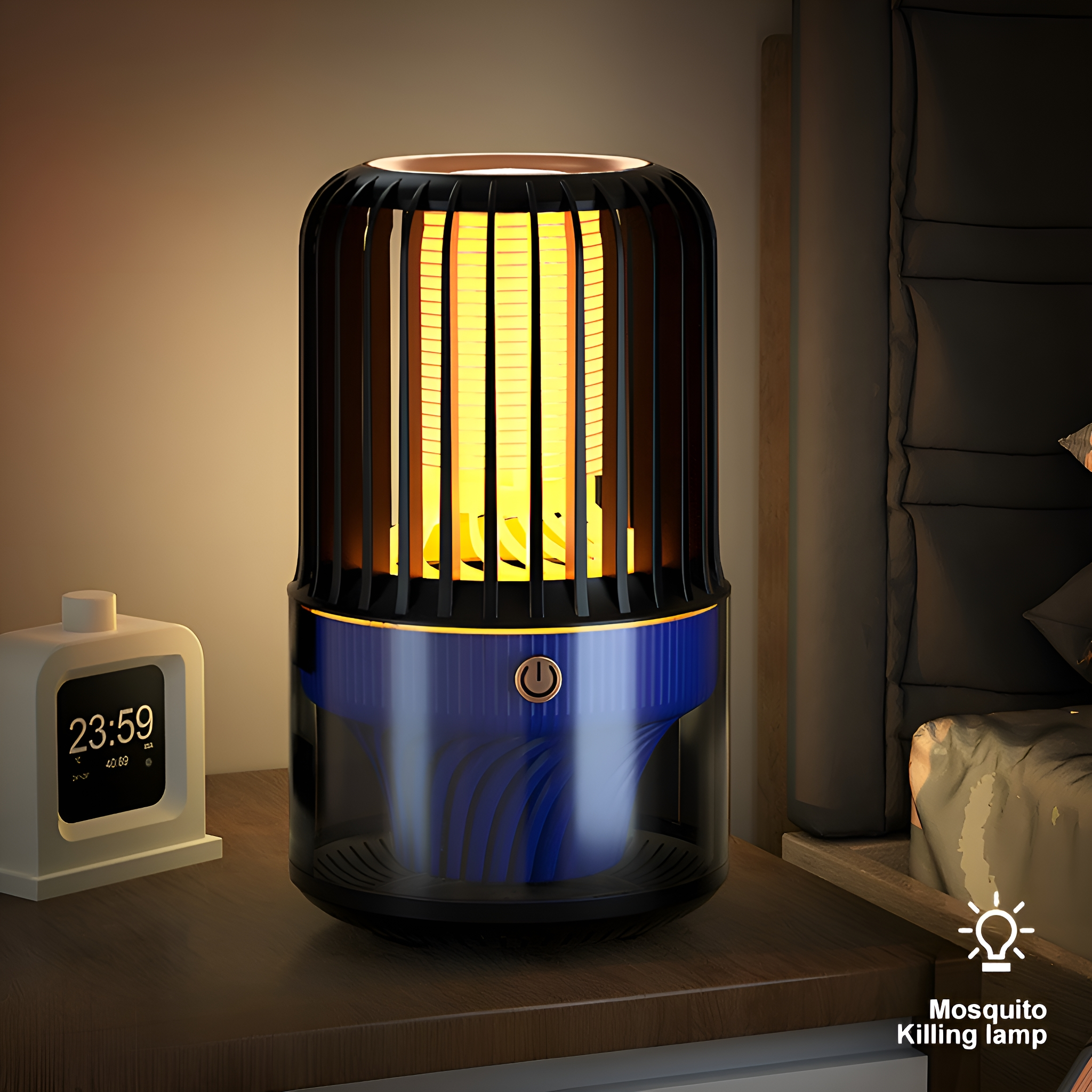 Mückenfanglampe auf einem Nachttisch mit Digitaluhr und einem Bett im Hintergrund.