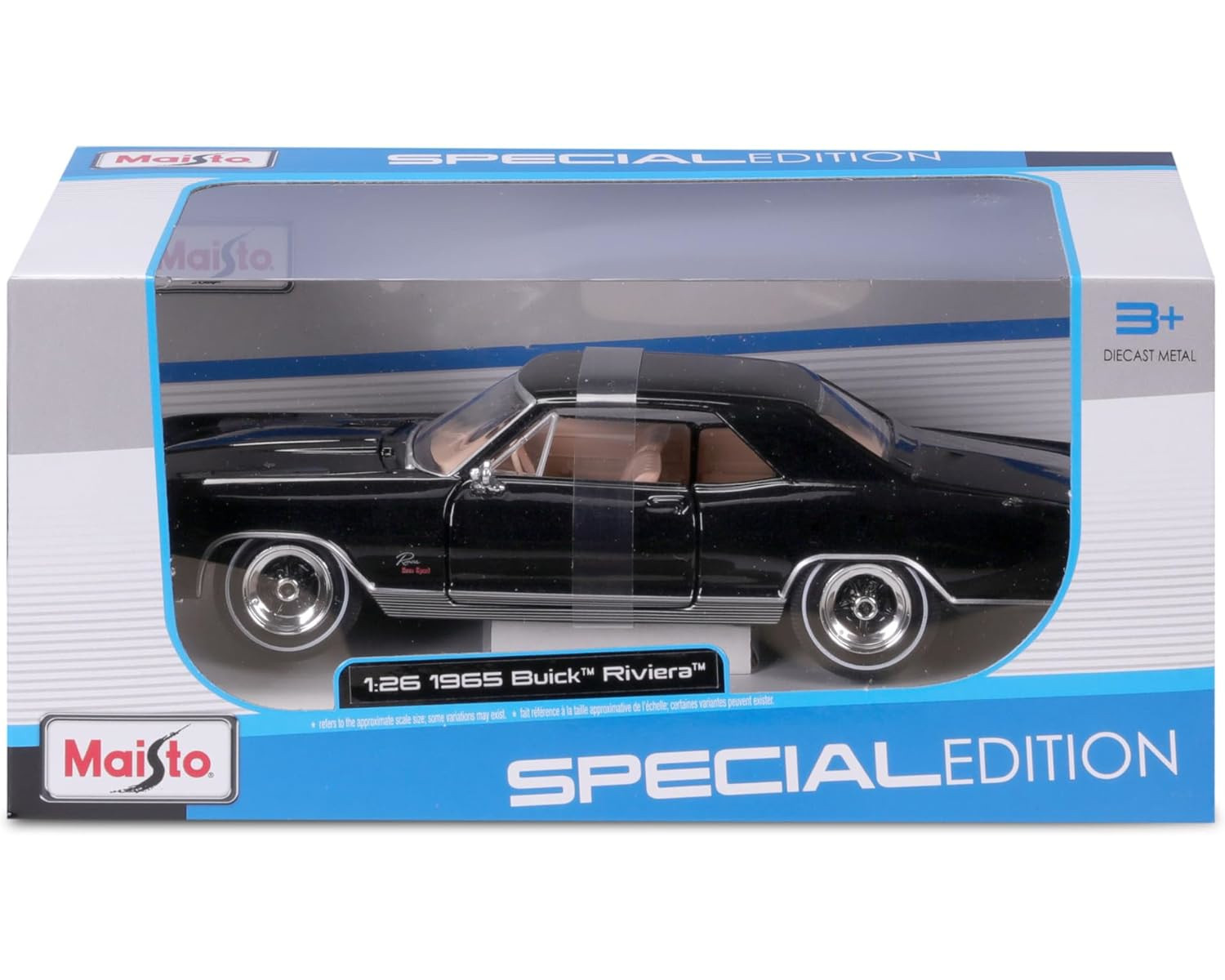 Ein Modellauto in einer Box. Es ist ein schwarzer 1965 Buick Riviera mit beigem Innenraum.
