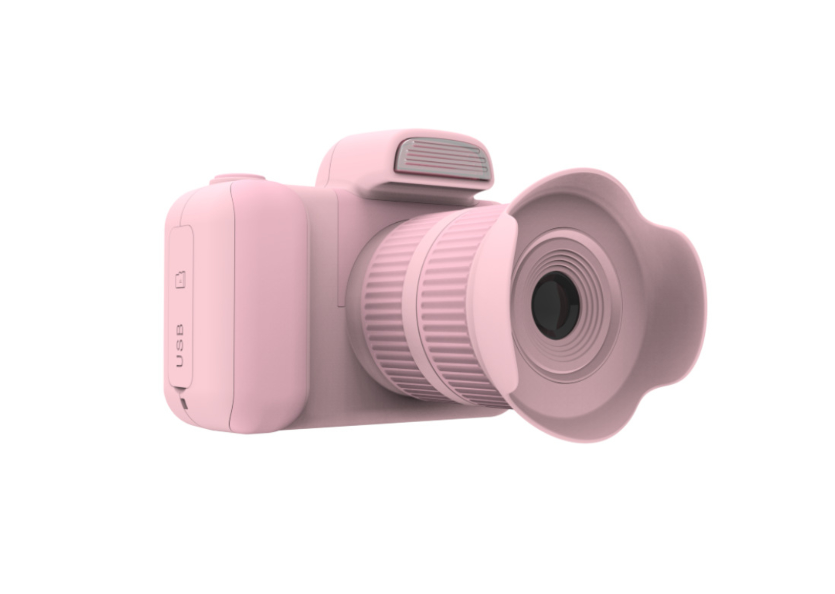Rosa Kamera mit Objektiv. Die Kamera ist auf weißem Hintergrund, sie hat ein Objektiv und einen USB-Anschluss.