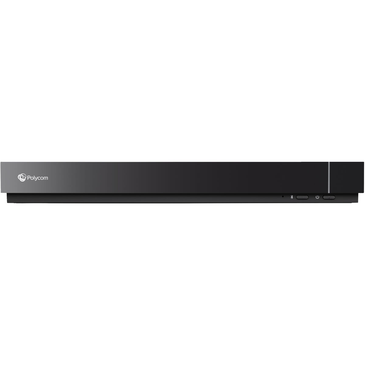 Un dispositivo Polycom nero è mostrato orizzontalmente. Ha pulsanti di accensione e Bluetooth.