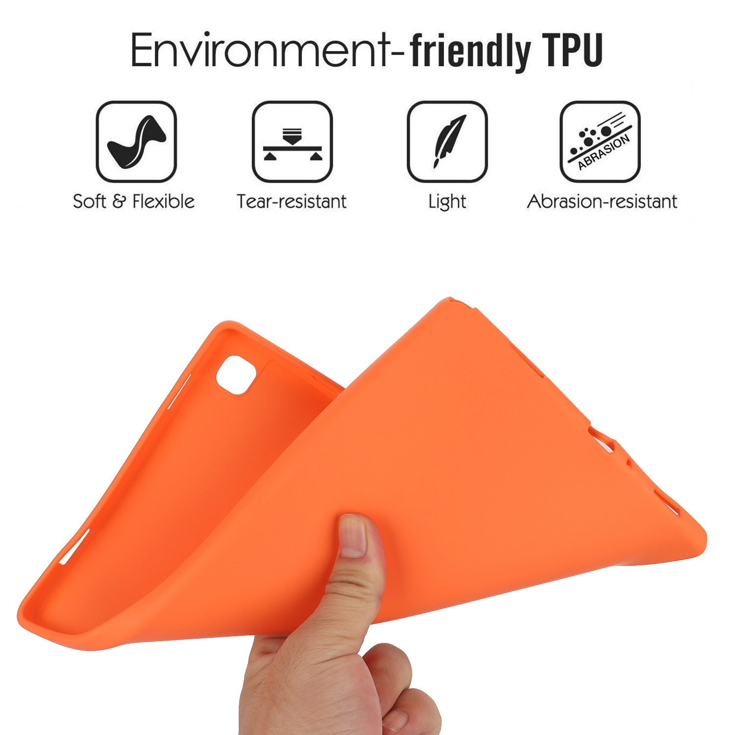 Eine orangefarbene Tablethülle mit zwei Hälften. Über der Hülle werden vier Symbole angezeigt, die Funktionen anzeigen.