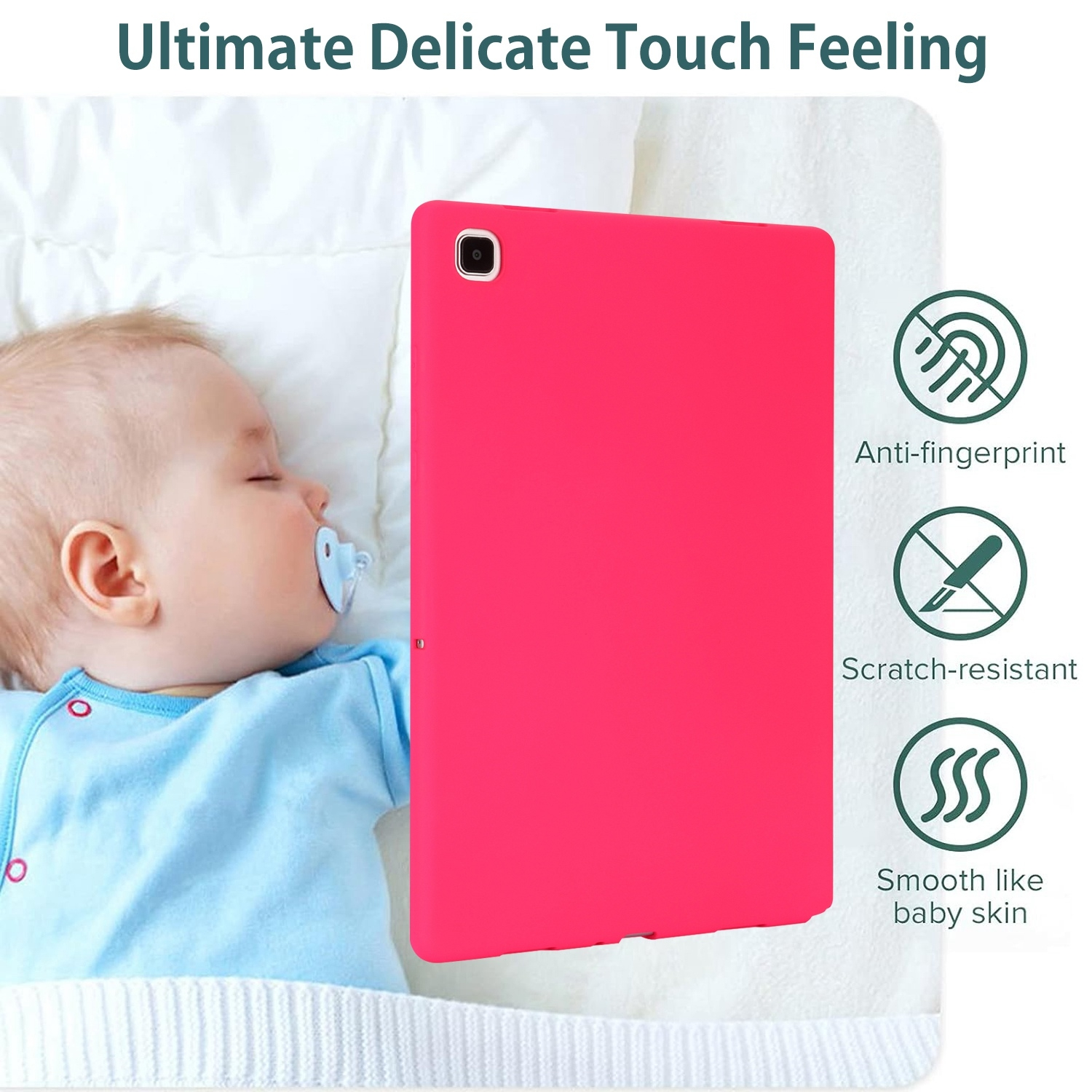 Schlafendes Baby mit Schnuller neben einer pinken Tablet-Hülle mit Anti-Fingerabdruck- und kratzfesten Etiketten.