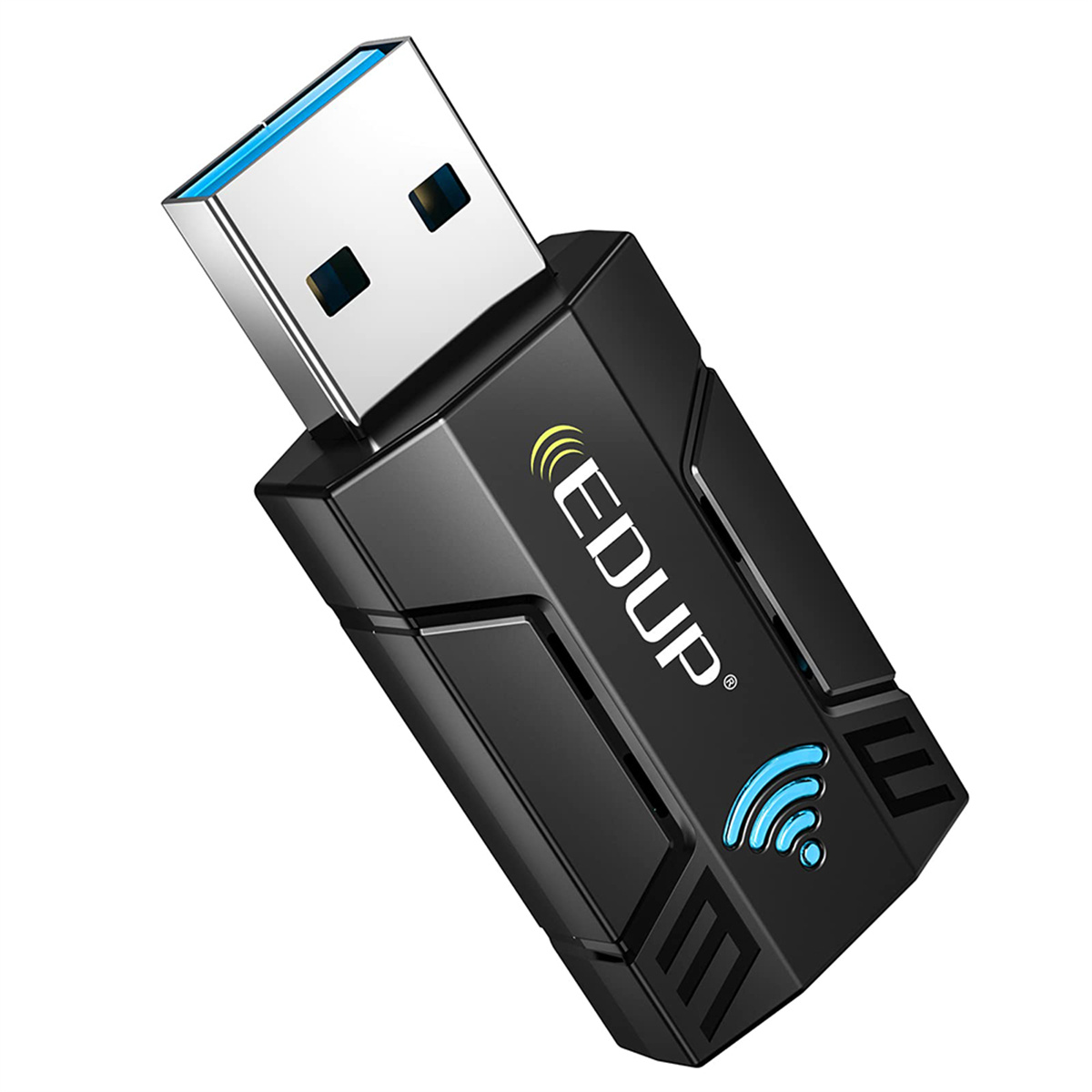 Schwarzer USB-WLAN-Adapter mit blauem USB-Anschluss und Logo.