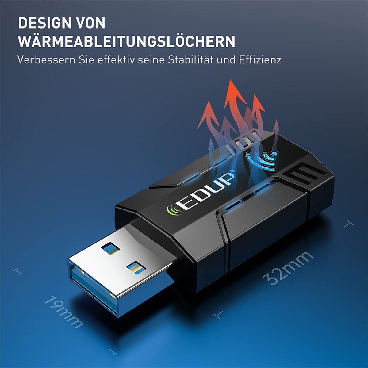 Schwarzer USB-Netzwerkadapter. Pfeile zeigen die Richtung der Wärmeableitung. Blauer Hintergrund.