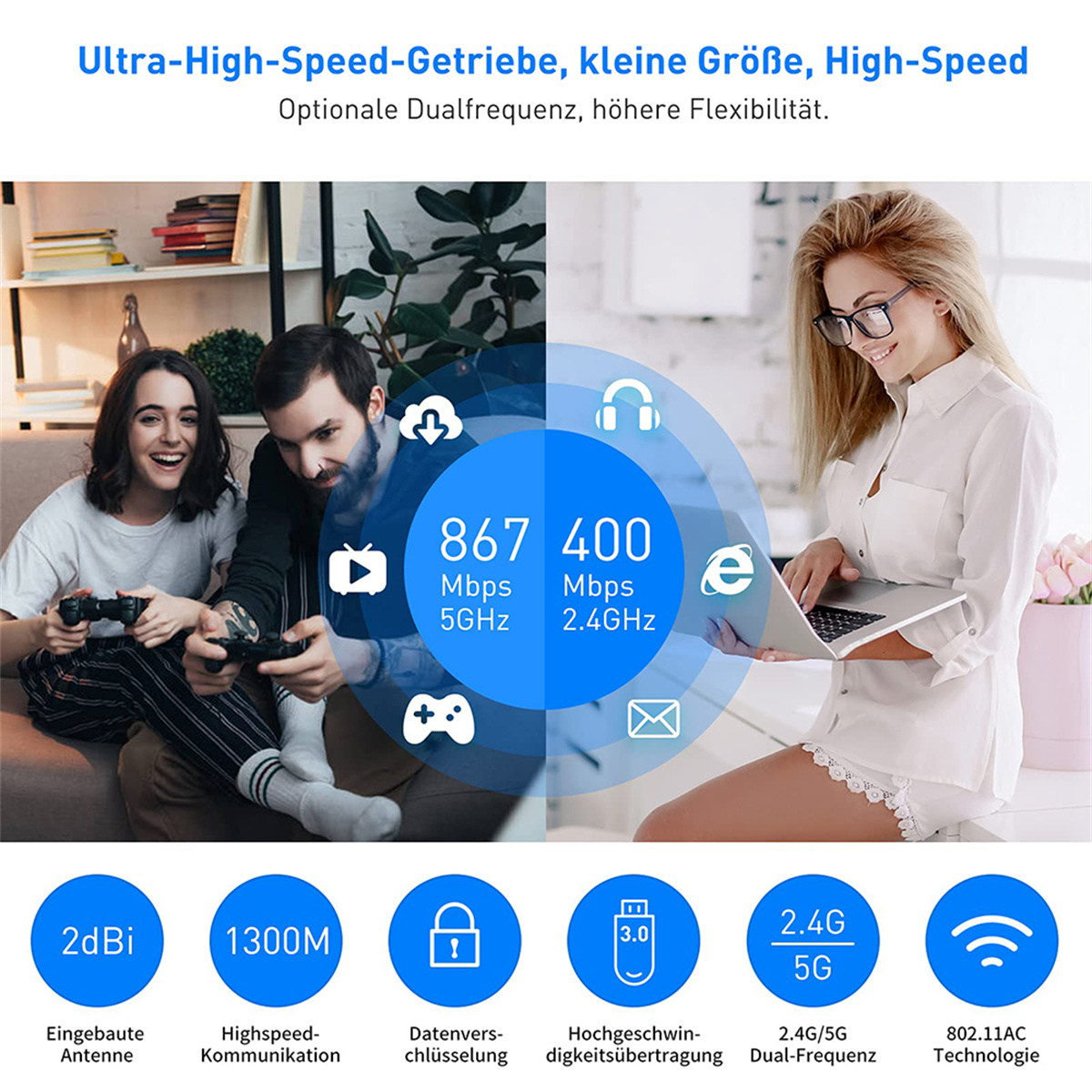 Leute spielen Videospiele. Eine Frau hält einen Laptop. Es gibt Symbole und Text über die 5G-Technologie.