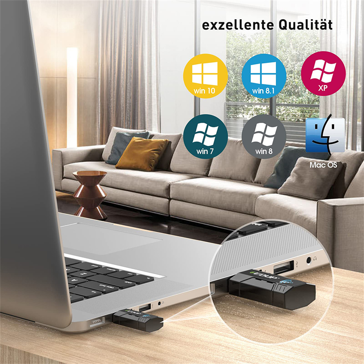 Laptop mit USB-Dongle. Symbole für Win 10, Win 8.1, XP, Win 7, Win 8 und Mac OS werden angezeigt.
