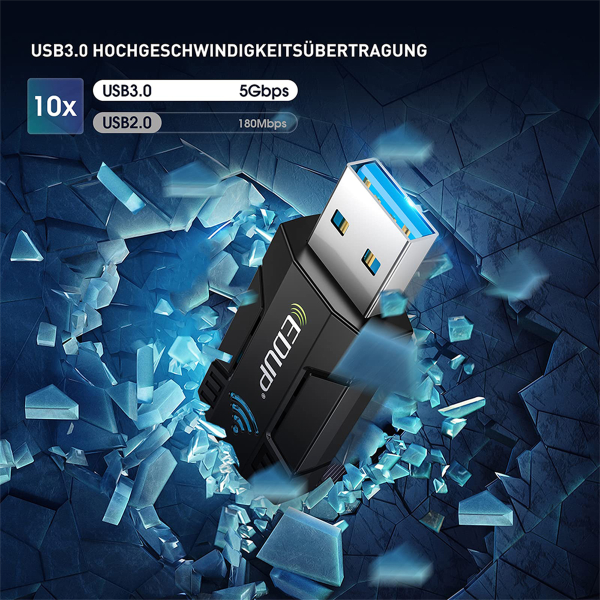 USB 3.0 WiFi-Adapter vor blauem, zerbrochenem Hintergrund. Zeigt USB 3.0 und USB 2.0 Geschwindigkeiten.