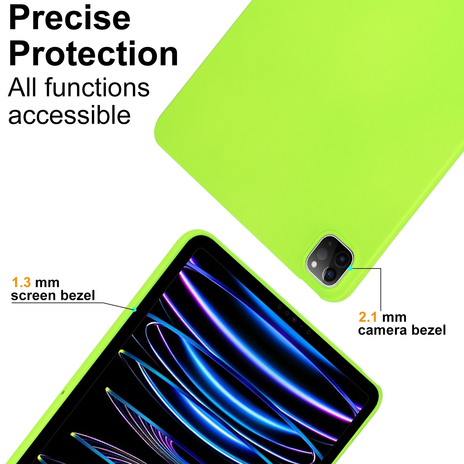 Eine grüne iPad-Hülle mit Bildschirm, Kamerarahmen und dem Text 'Precise Protection'.