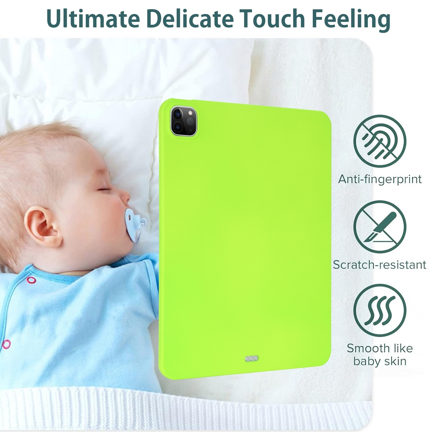 Ein Baby schläft neben einer grünen Tablethülle. Symbole für Anti-Fingerabdruck, kratzfest und glatte Haut.