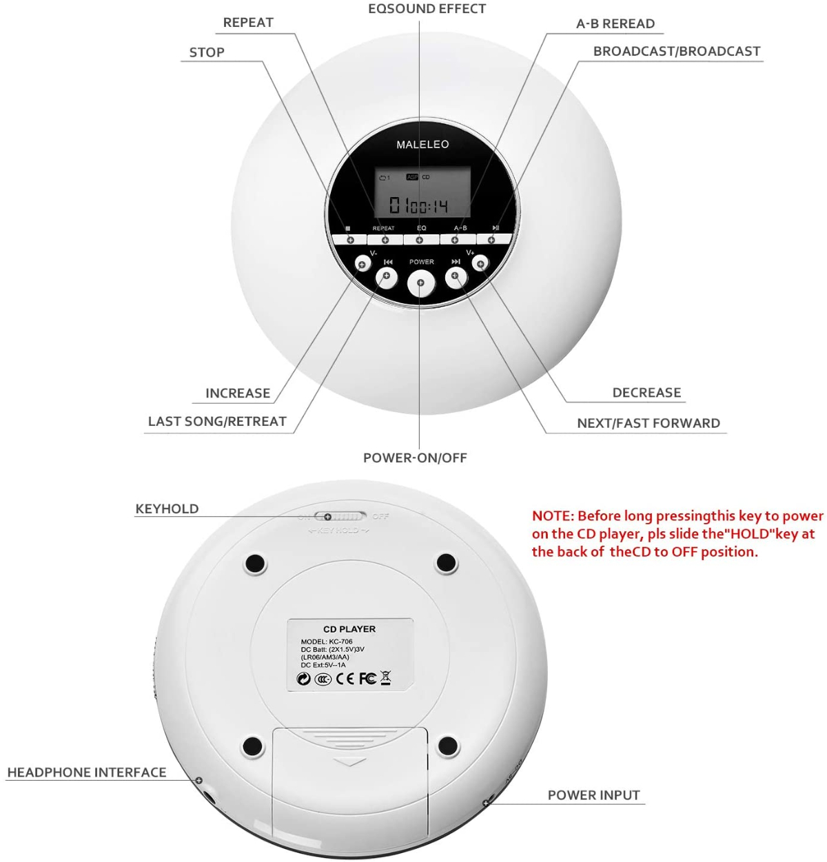 Weißer tragbarer CD-Player mit Knöpfen und Display. Zeigt beschriftete Tasten für verschiedene Funktionen und Bedienelemente.