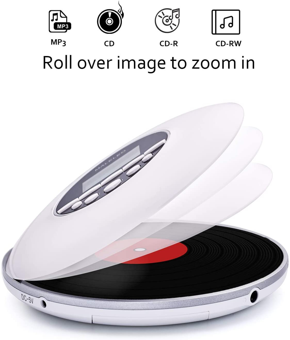 Weißer und silberner tragbarer CD-Player. Das CD-Fach ist geöffnet und zeigt eine schwarze CD. Symbole für MP3, CD, CD-R, CD-RW.