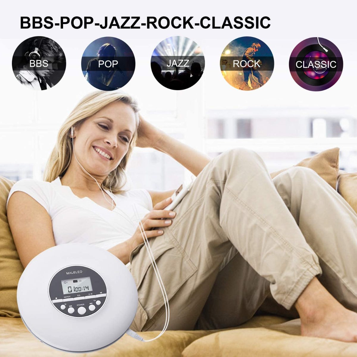 Frau hört Musik mit weißem tragbaren CD-Player, verschiedene Musikgenre-Symbole oben.