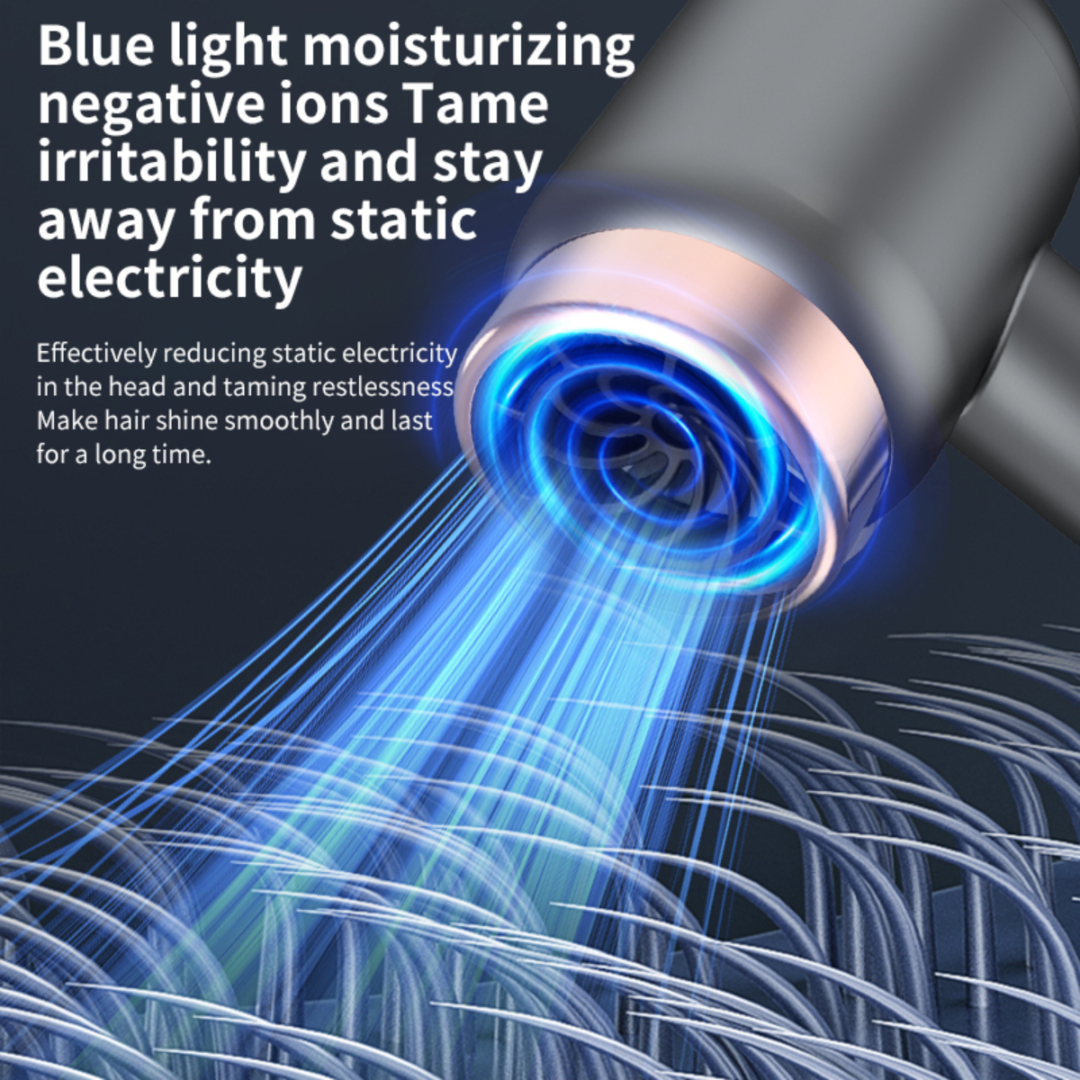 Blaues Licht Haartrockner, das blaues Licht auf das Haar ausstrahlt, mit Nahaufnahme.