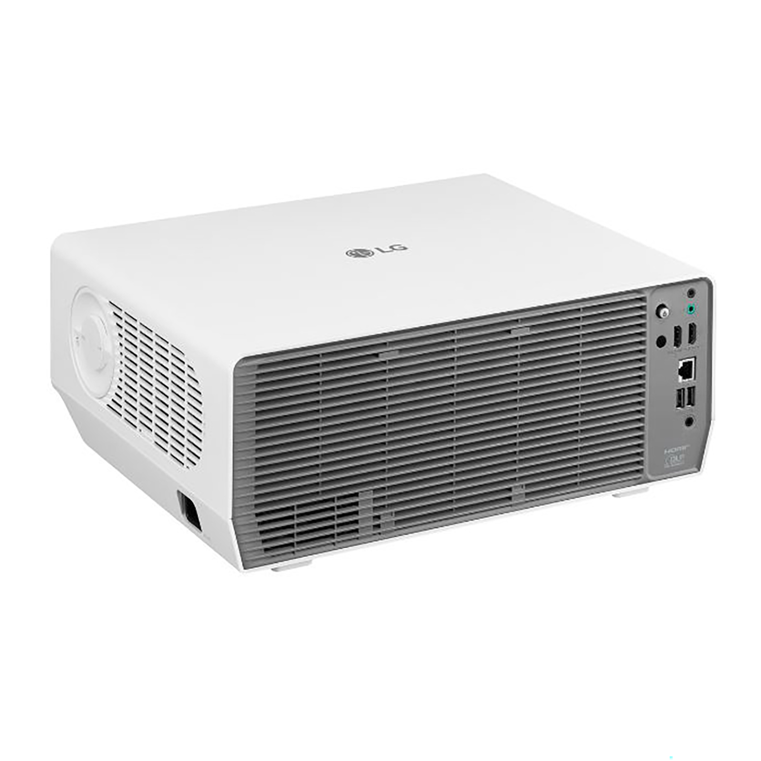 Proiettore LG bianco con varie porte sul lato. Ventilazione grigia sul davanti.