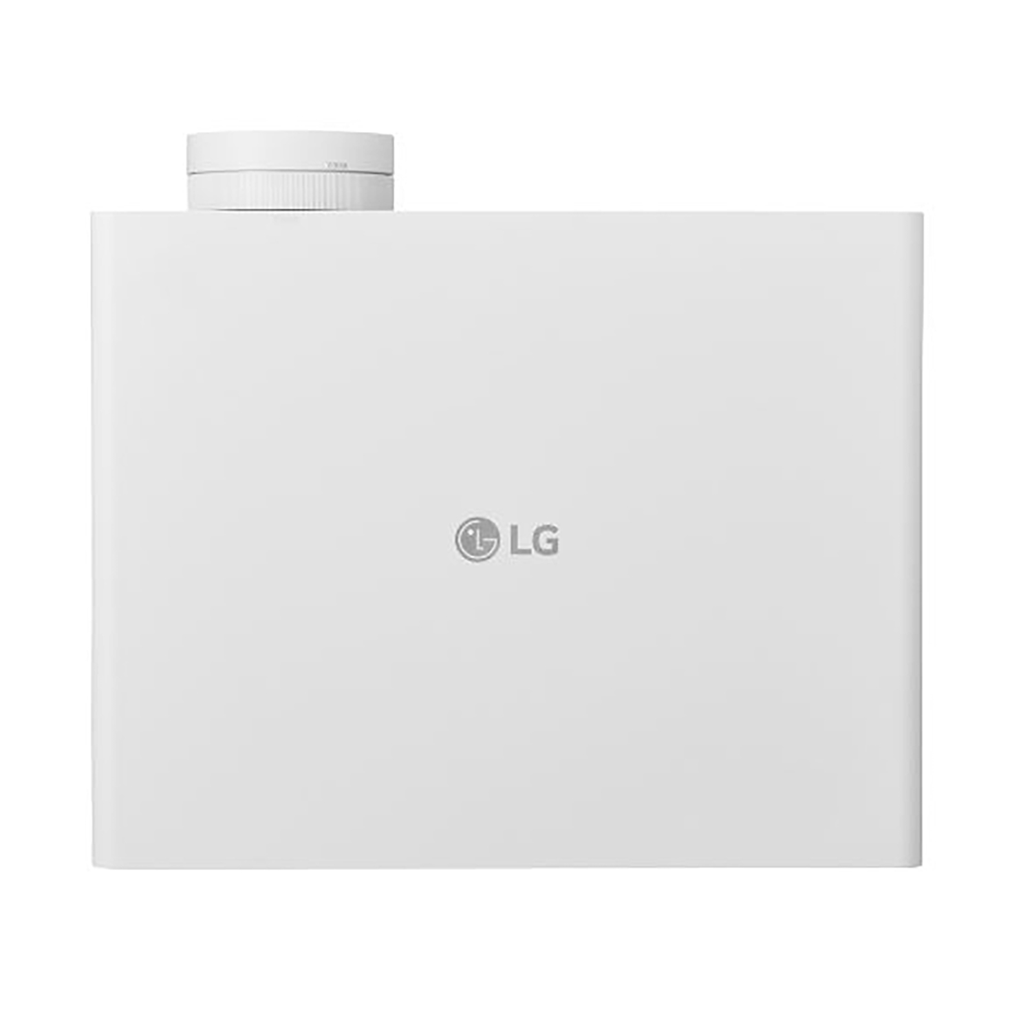 Proiettore LG bianco con obiettivo, vista dall'alto e un logo.