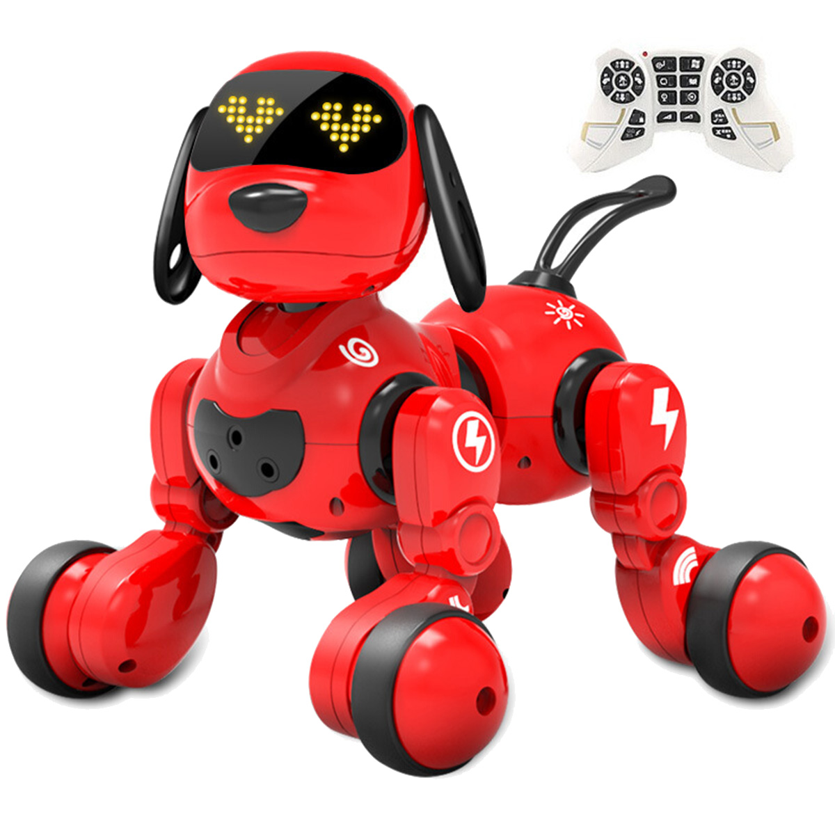 Ein roter Roboterhund mit Fernbedienung. Der Hund hat schwarze Ohren und Beine. Die Fernbedienung ist weiß.