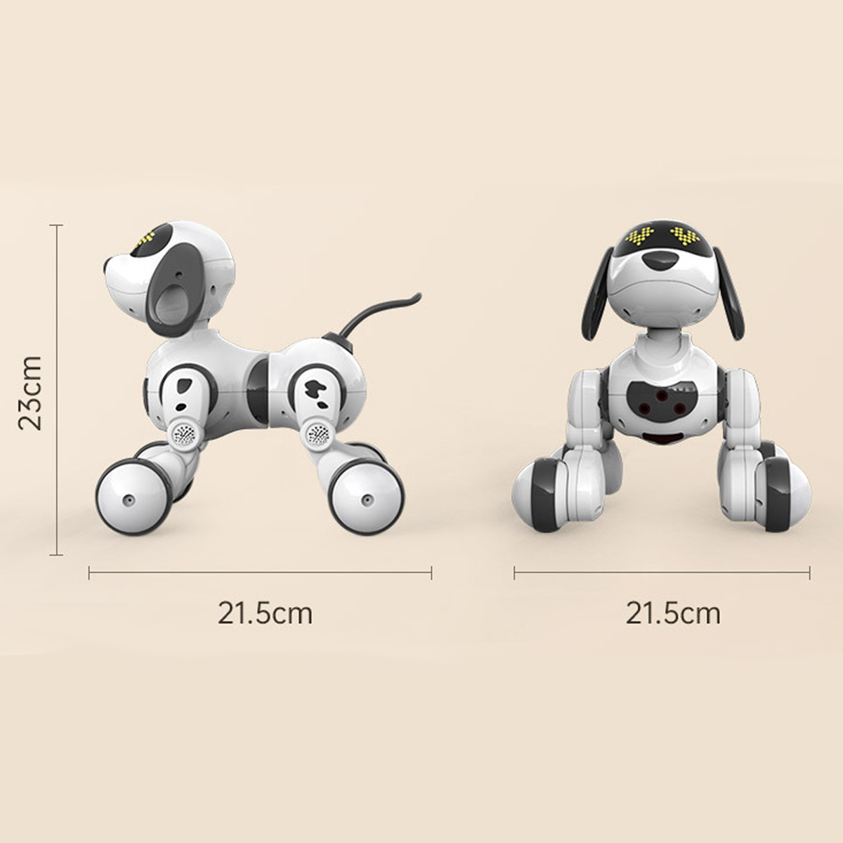 Zwei Spielzeug-Roboterhunde. Einer nach links, der andere nach rechts. Abmessungen in cm angegeben.