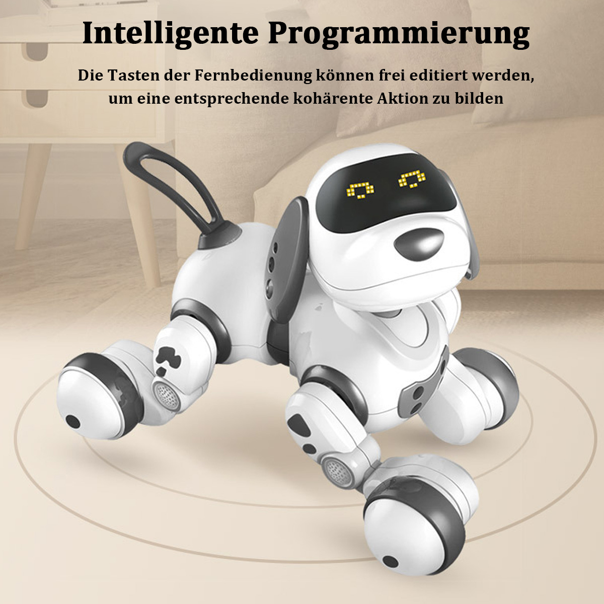 Ein weiß-schwarzes Roboterhund-Spielzeug mit einem Bildschirm, auf beigem Hintergrund.