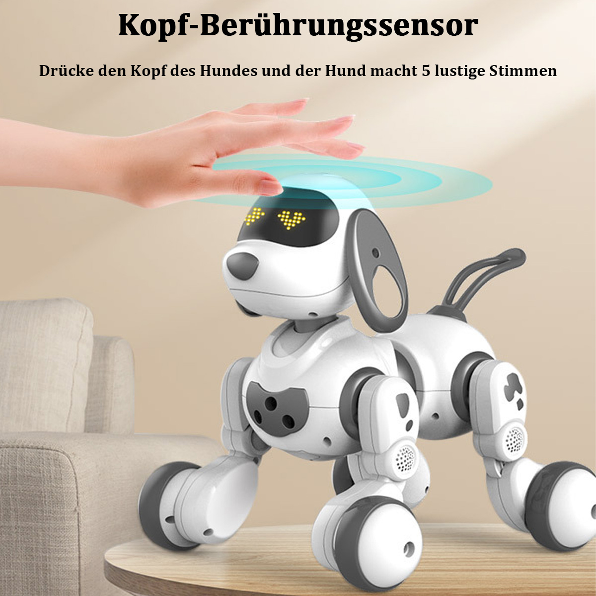 Spielzeug-Hund mit interaktivem Berührungssensor. Eine Hand berührt seinen Kopf und er macht Geräusche.
