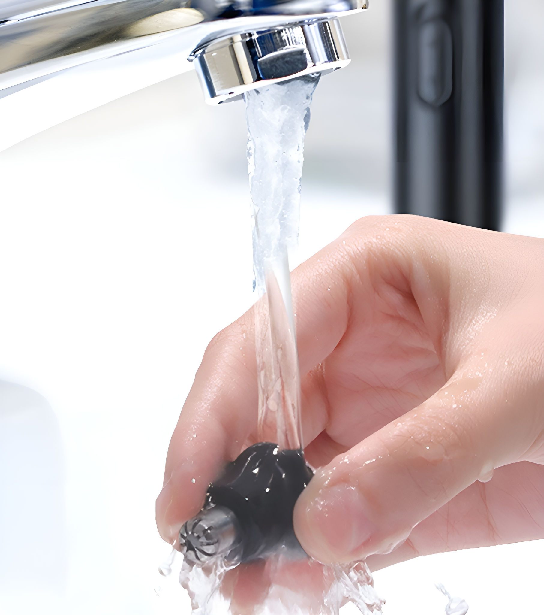 Eine Hand, die einen schwarzen Nasenhaartrimmer unter fließendem Wasser abspült. Weißer Waschbecken-Hintergrund.