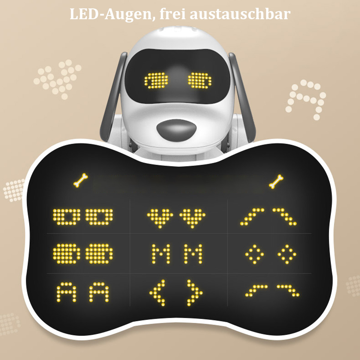 Ein Roboterhund mit Bedienfeld, das verschiedene Gesichter aus Punkten zeigt.