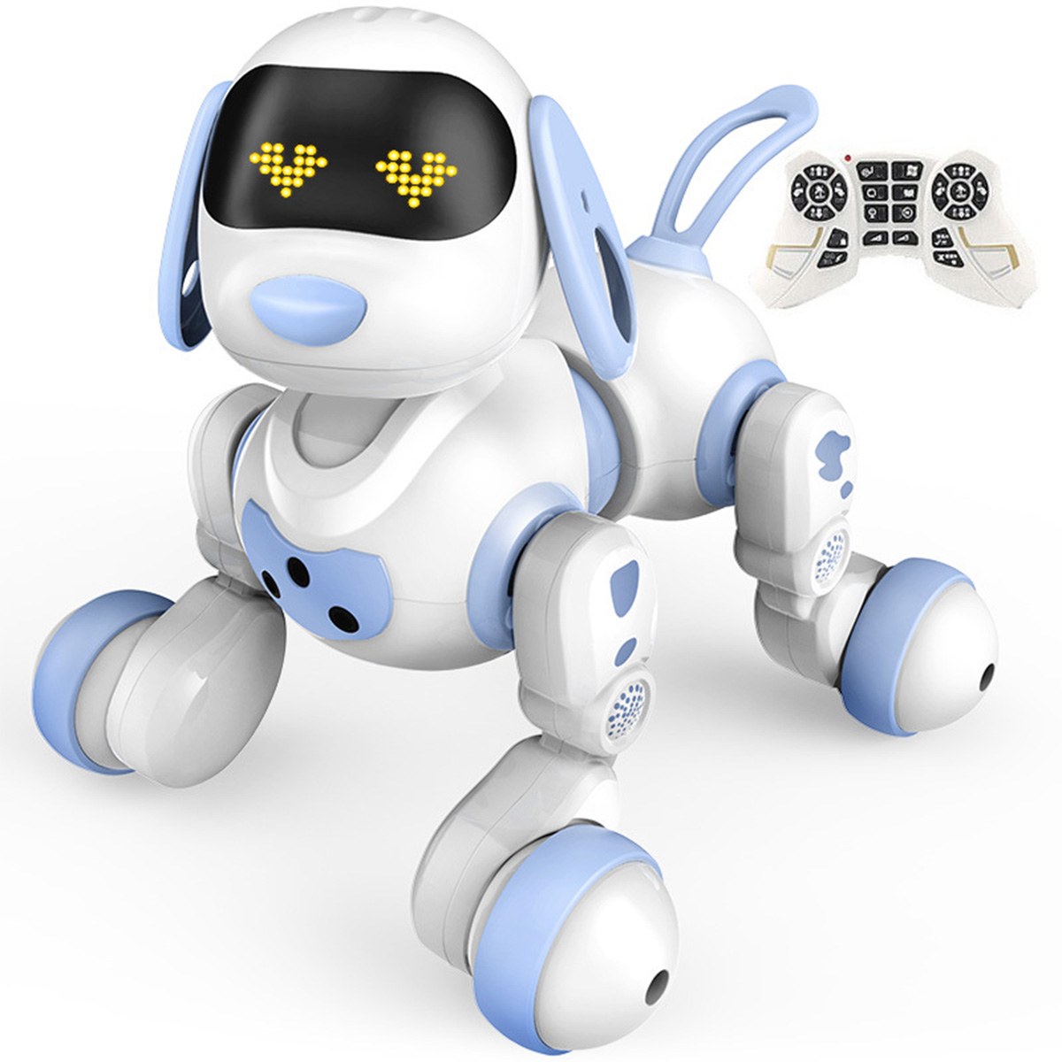 Ein weiß-blauer Roboterhund mit Fernbedienung. Der Hund hat gelbe herzförmige Augen.