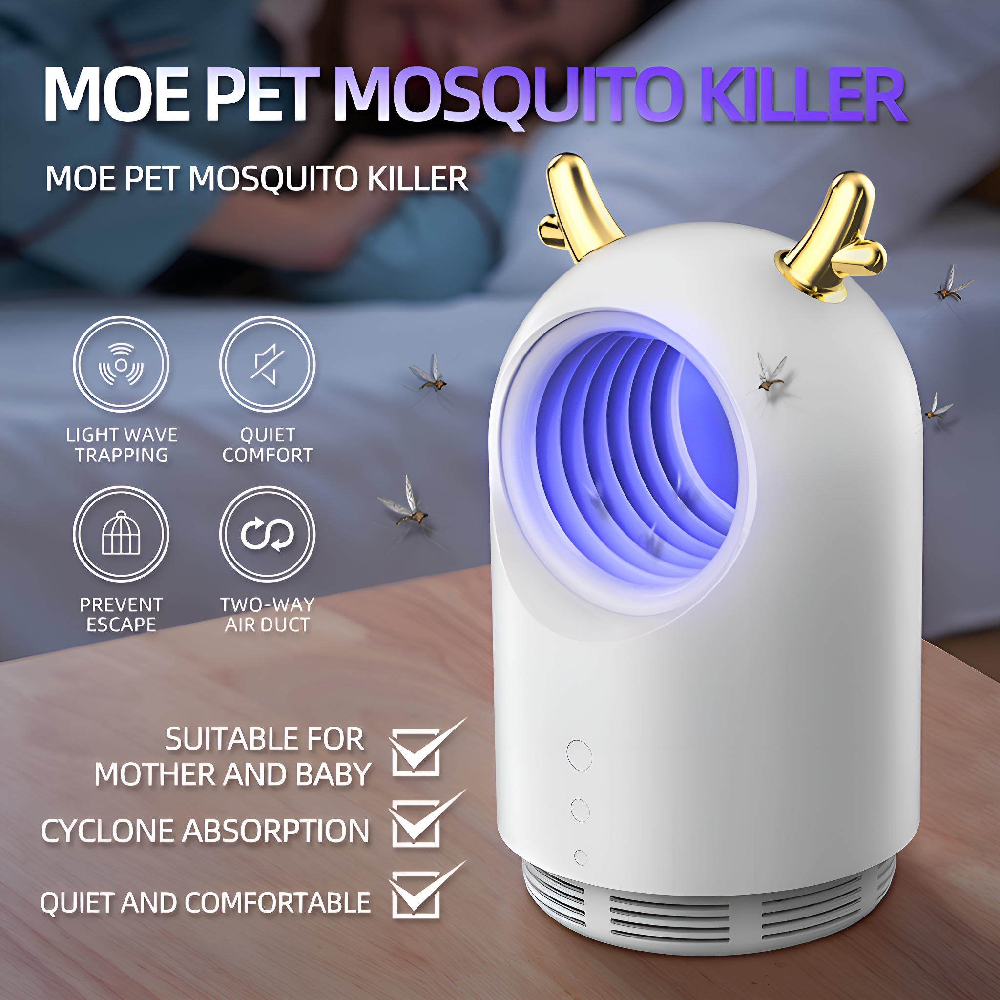 Weißer Moskitokiller mit goldenem Geweih, Text: MOE PET MOSQUITO KILLER.