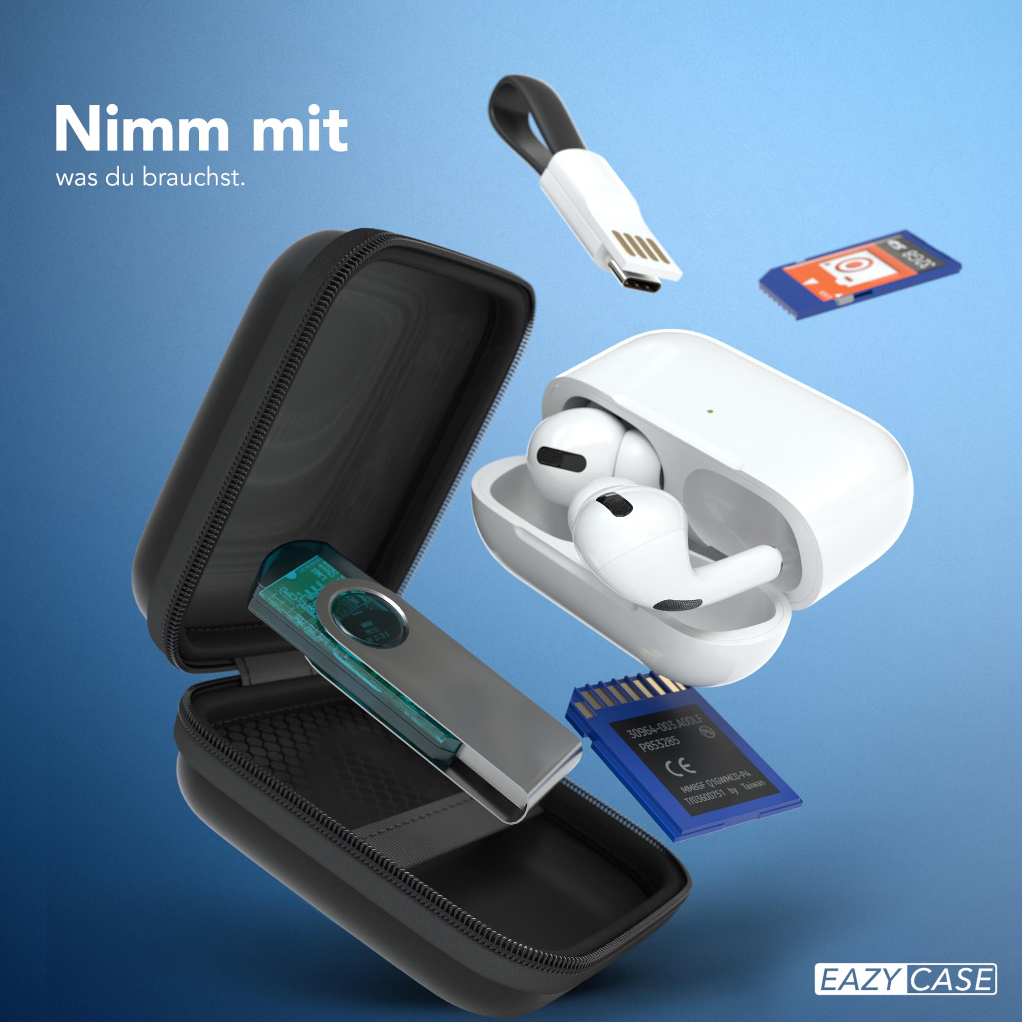 Etui mit Gegenständen: Ohrhörer, USB-Kabel, SD-Karte, USB-Stick. Blauer Hintergrund.