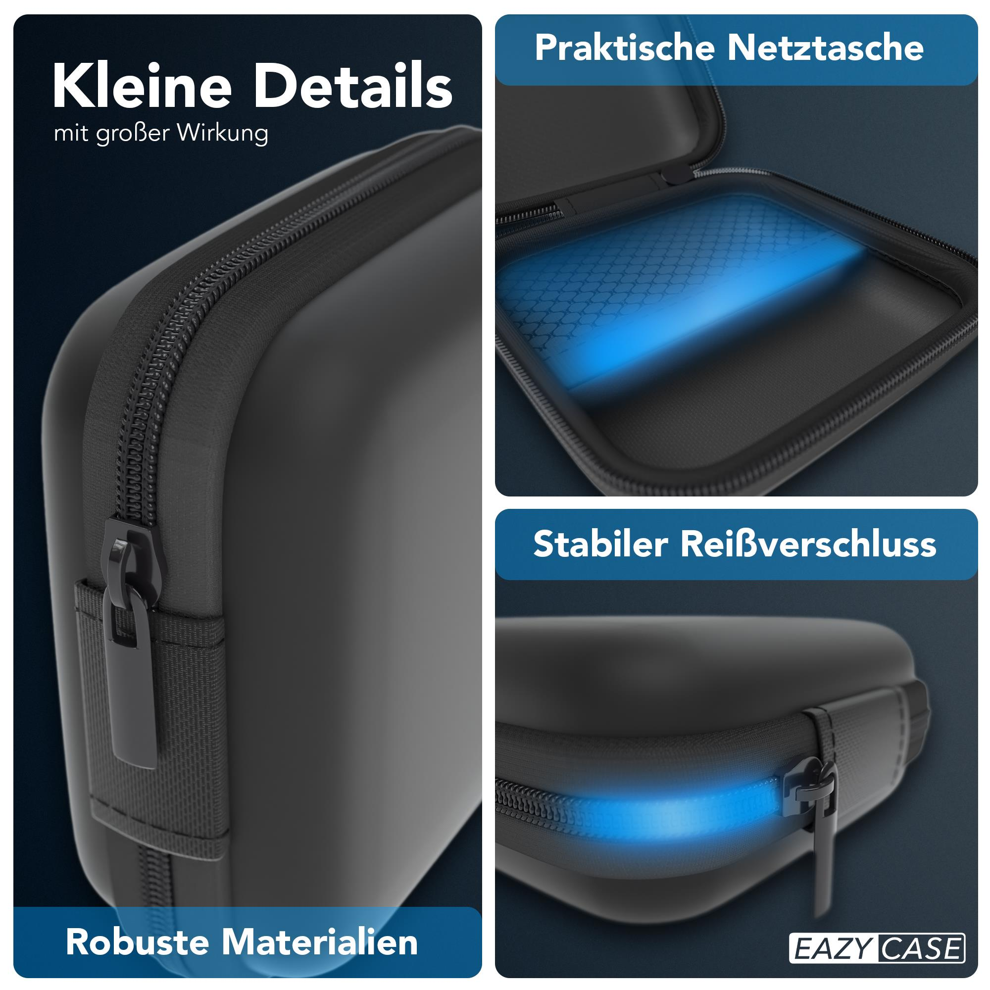 Eine schwarze Hülle mit Reißverschluss. Der Text beschreibt robuste Materialien, eine praktische Netztasche und einen Reißverschluss.