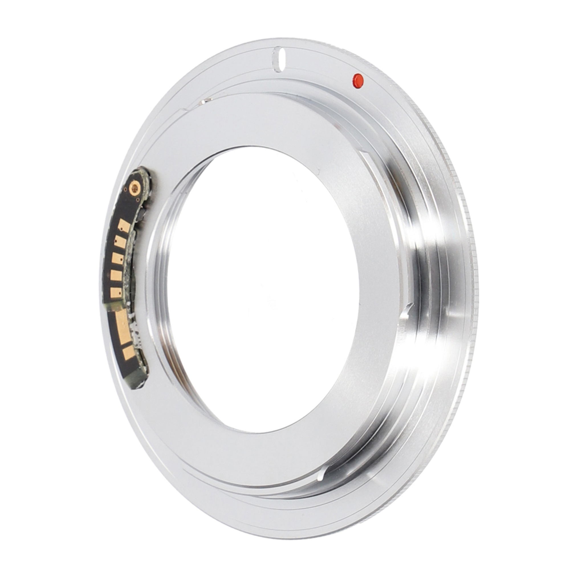Silberner Kameraobjektiv-Adapterring mit rotem Punkt.