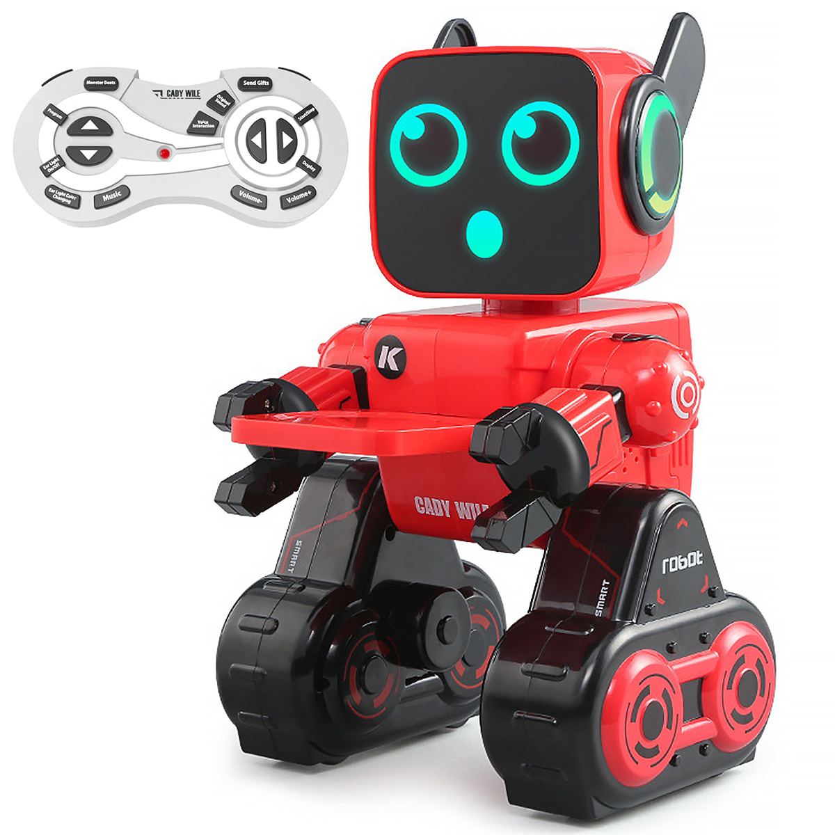 Roter Spielzeugroboter mit Controller, quadratischem Kopf, schwarzen Rädern und blauen Lichtern.