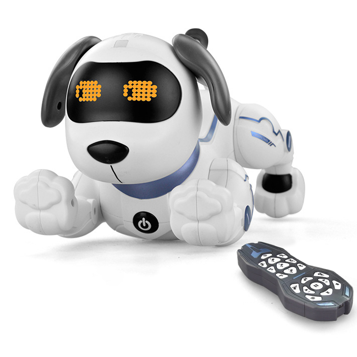 Ein weißer Roboterhund mit schwarzen Ohren und orange leuchtenden Augen und einer Fernbedienung daneben.