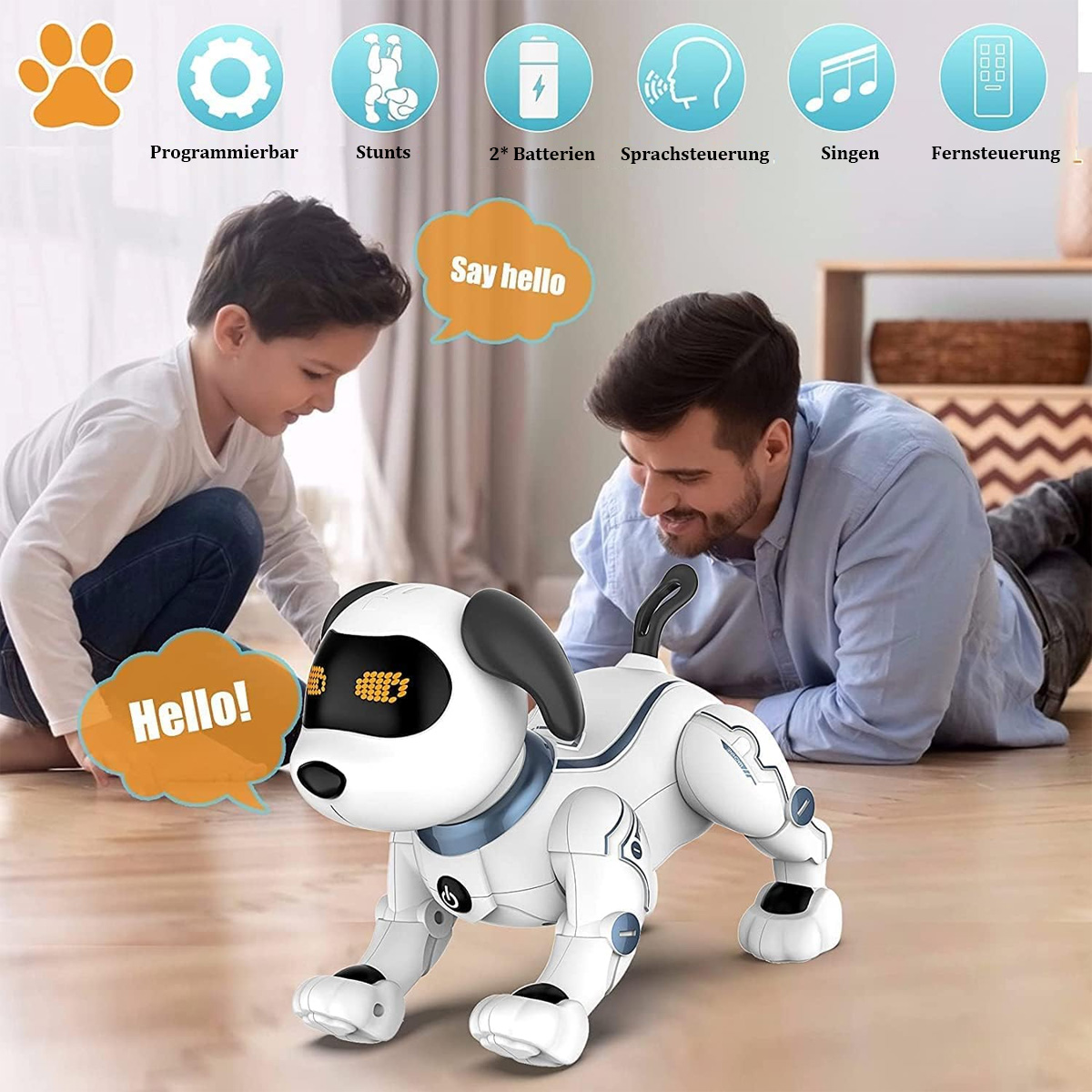 Ein Junge und ein Mann interagieren mit einem weißen Roboterhund auf einem Holzboden, Sprechblasen sagen 'Hallo' und 'Sag Hallo'.
