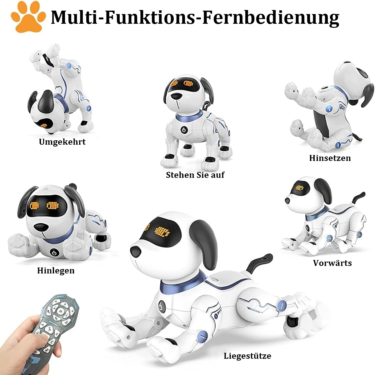 Mehrere Roboter-Hundespielzeuge in verschiedenen Posen, gesteuert durch eine Fernbedienung. Weißes und schwarzes Design.