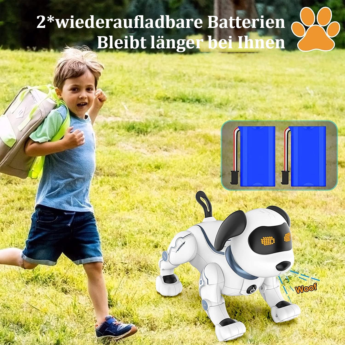 Ein Junge rennt auf einen Roboterhund zu. Er ist weiß und schwarz. Es gibt zwei Batterien.