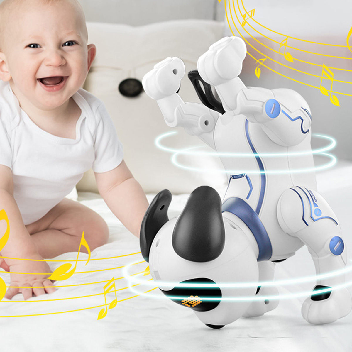 Ein Baby lacht über einen Roboterhund, der einen Rückwärtssalto macht, mit Noten.