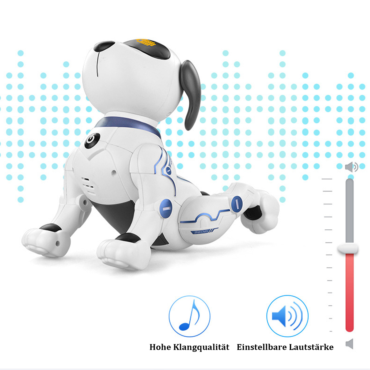 Ein weißes Roboter-Hundespielzeug sitzt. Es hat blaue Akzente und eine Lautstärkeanzeige. Text auf Deutsch.
