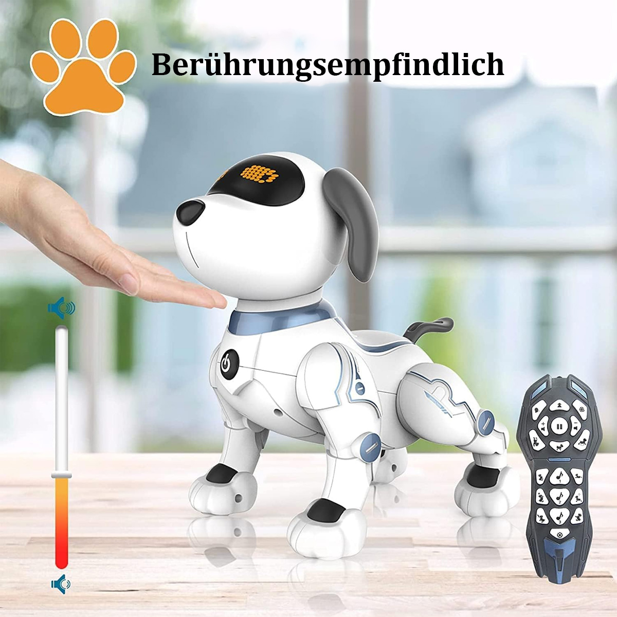 Weißer Roboterhund mit Fernbedienung und einer Hand, die ihn berührt. Lautstärkeanzeige.