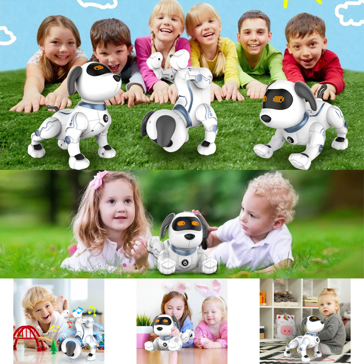 Kinder spielen mit Roboterhund-Spielzeugen.
