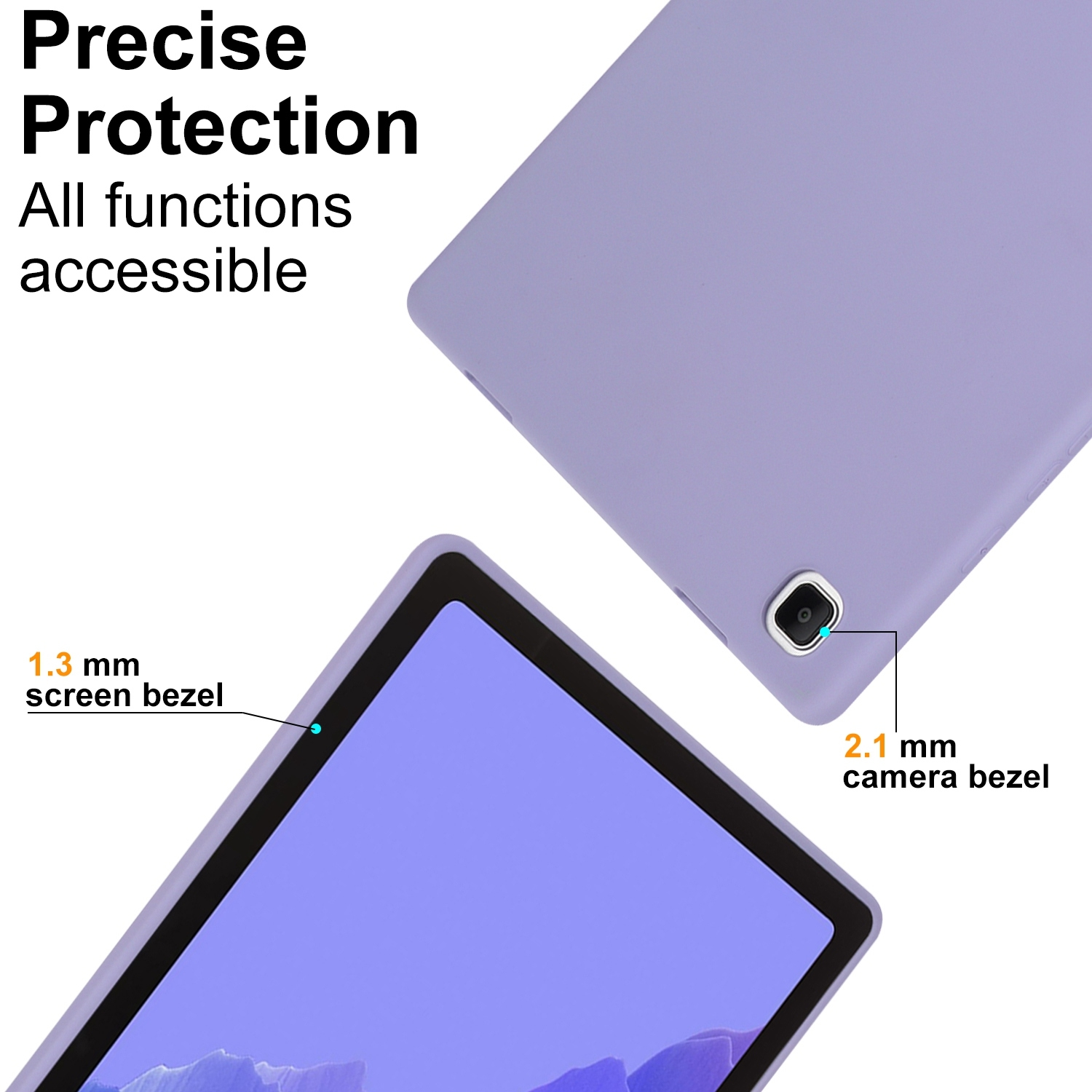 Lila Tablethülle mit Tablet und Kamera sichtbar. Der Text lautet: Präziser Schutz, Alle Funktionen zugänglich.