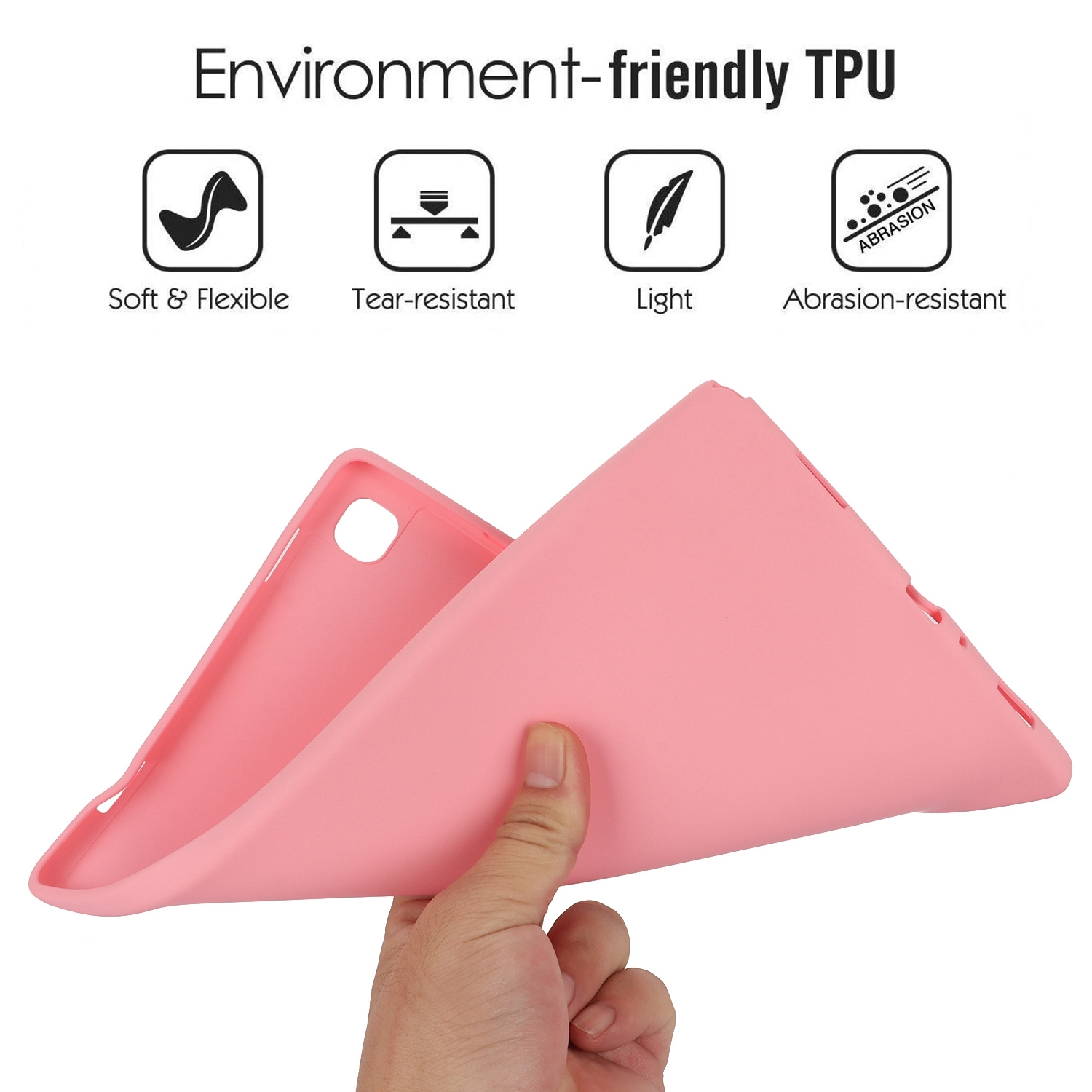 Rosa Tablet-Hülle aus flexiblem TPU-Material, zeigt Eigenschaften und Flexibilität.