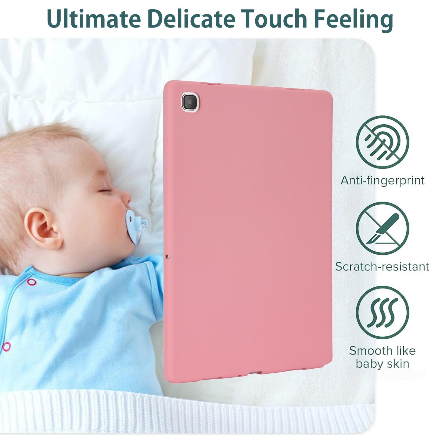 Ein Baby schläft neben einer pinken Tablet-Hülle. Die Hülle liegt auf einer weißen Oberfläche, mit Funktionssymbolen.