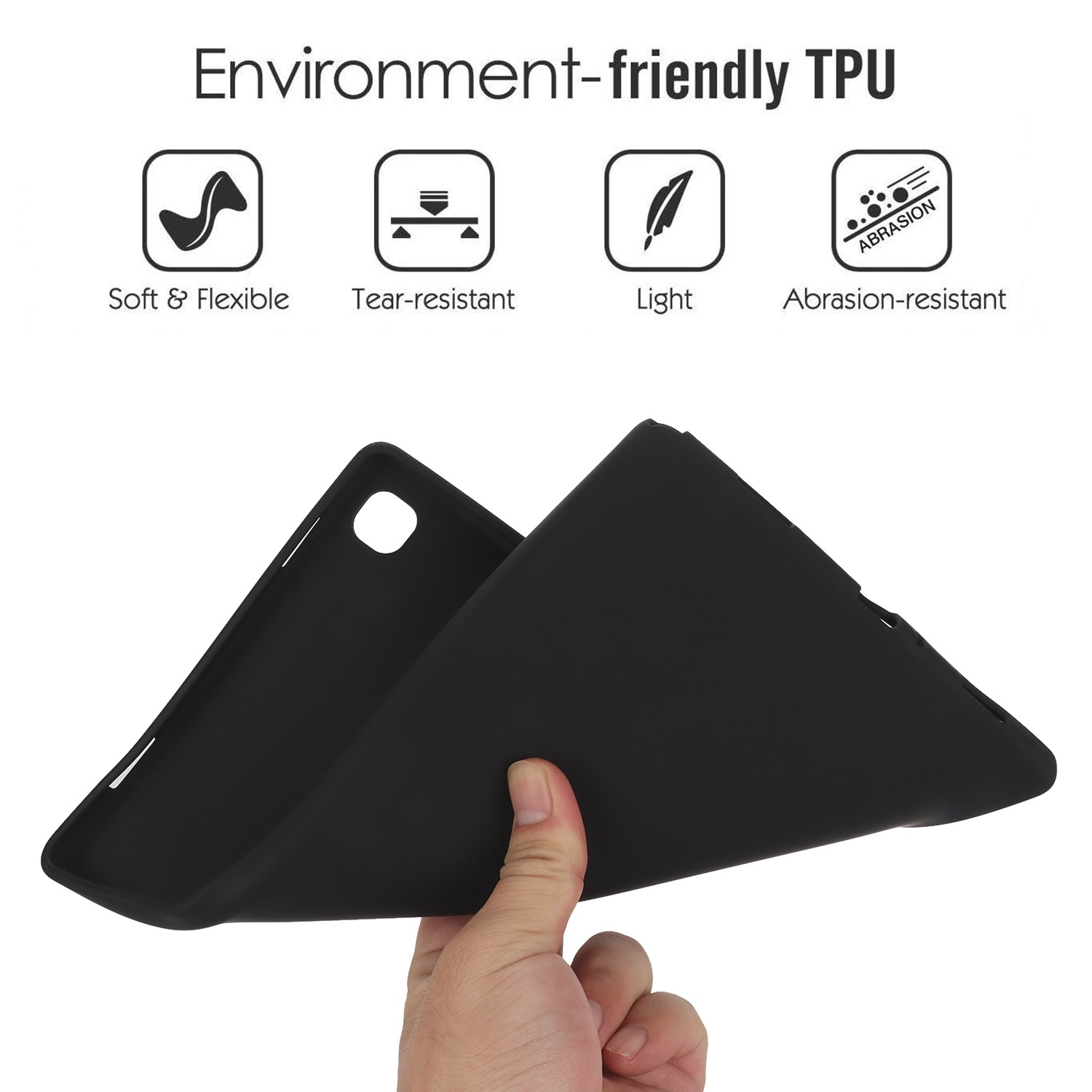 Schwarze Tablethülle mit Symbolen in der Hand. Umweltfreundliches TPU-Material.