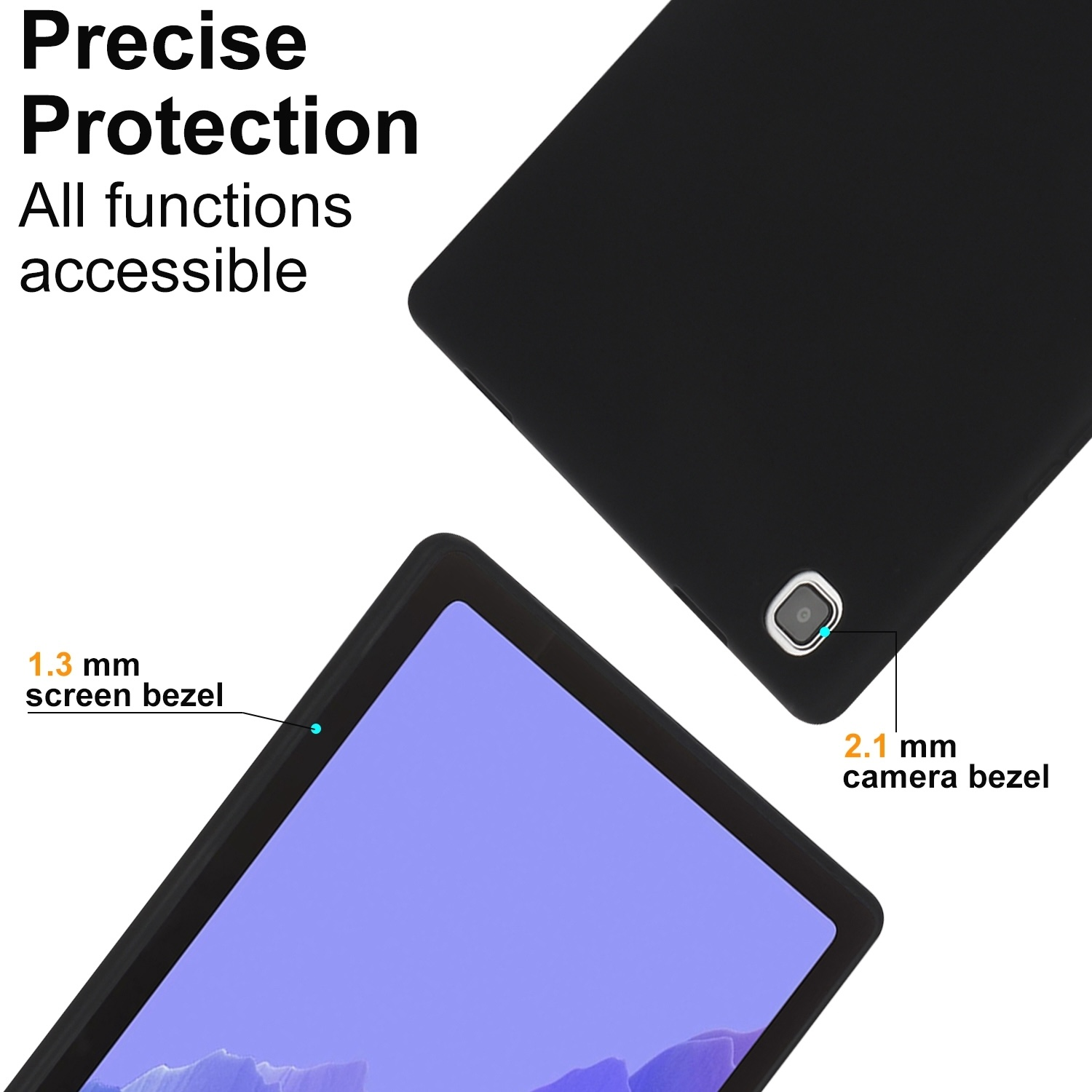 Tablet mit Bildschirm und Kamerarahmen. Schutzhülle. Schwarze Farbe.