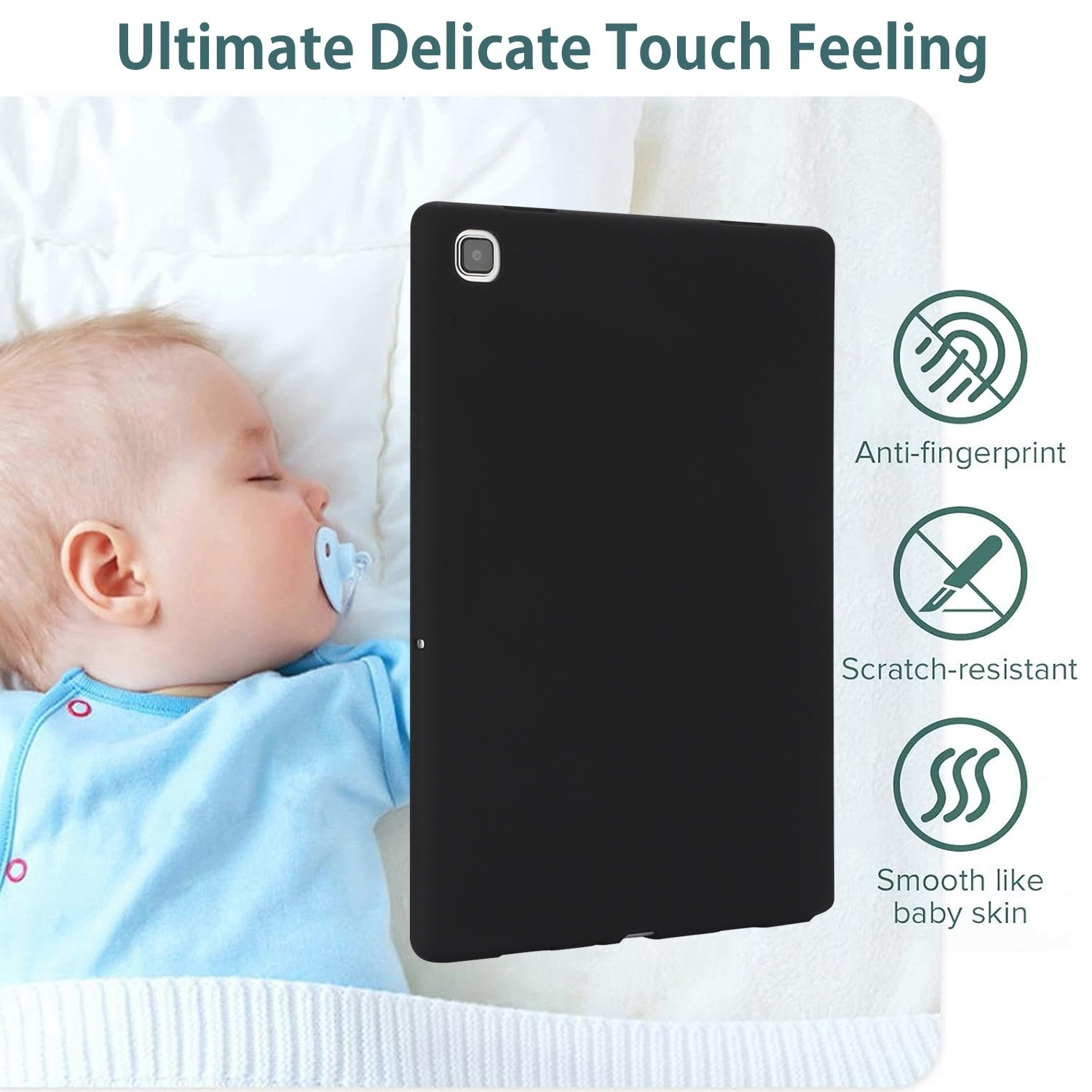 Baby schläft neben einem Tablet in einer schwarzen Hülle mit Text: Anti-Fingerabdruck.