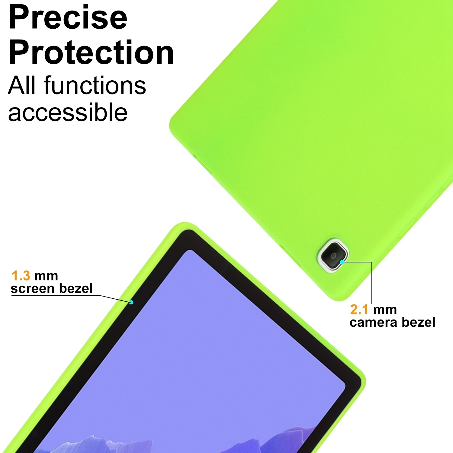 Grüne Tablethülle mit Bildschirm- und Kameradetails. Text: 'Präziser Schutz'.