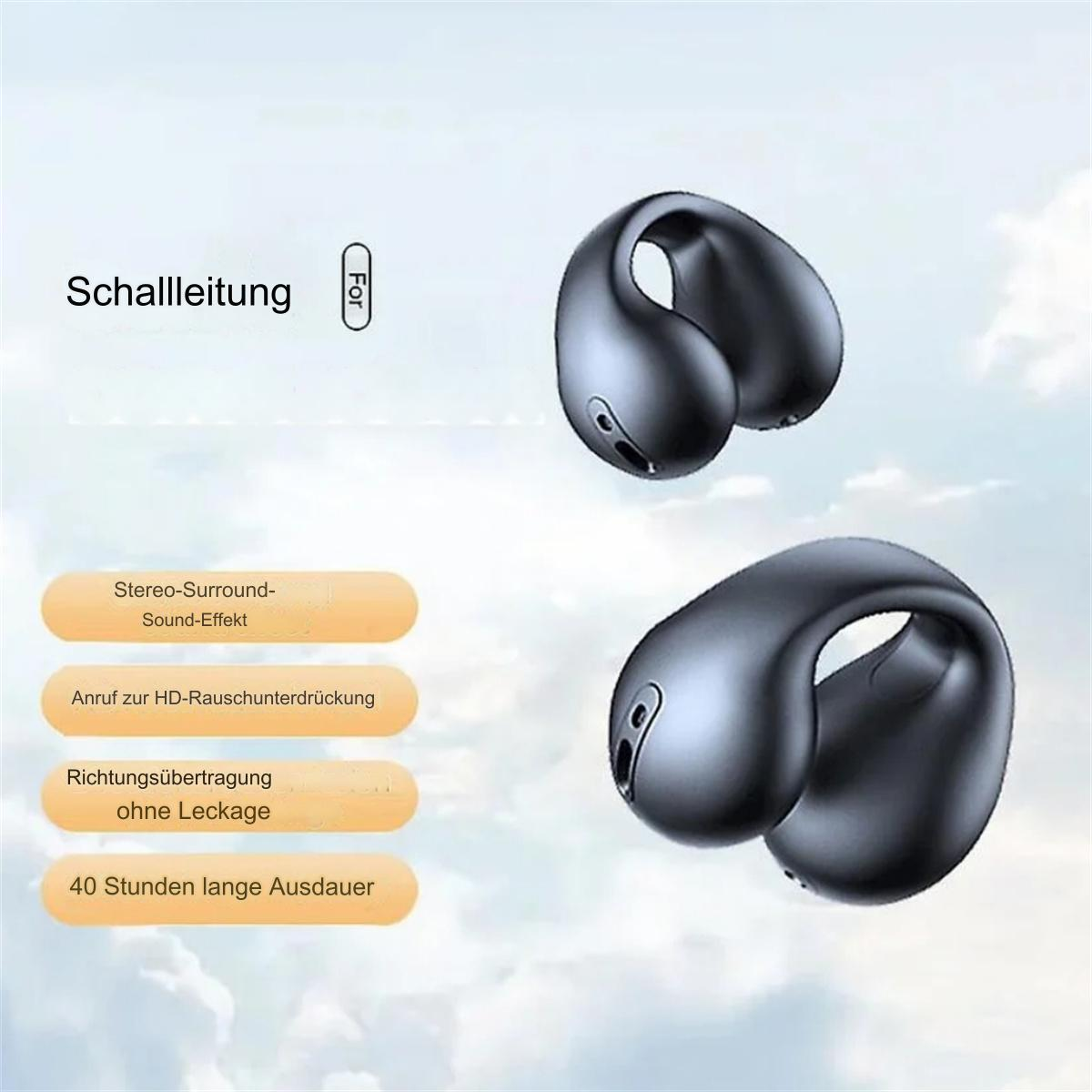 Zwei schwarze Ohrhörer. Text: Stereo-Surround-Sound-Effekt, HD-Rauschunterdrückung und 40 Stunden Ausdauer.