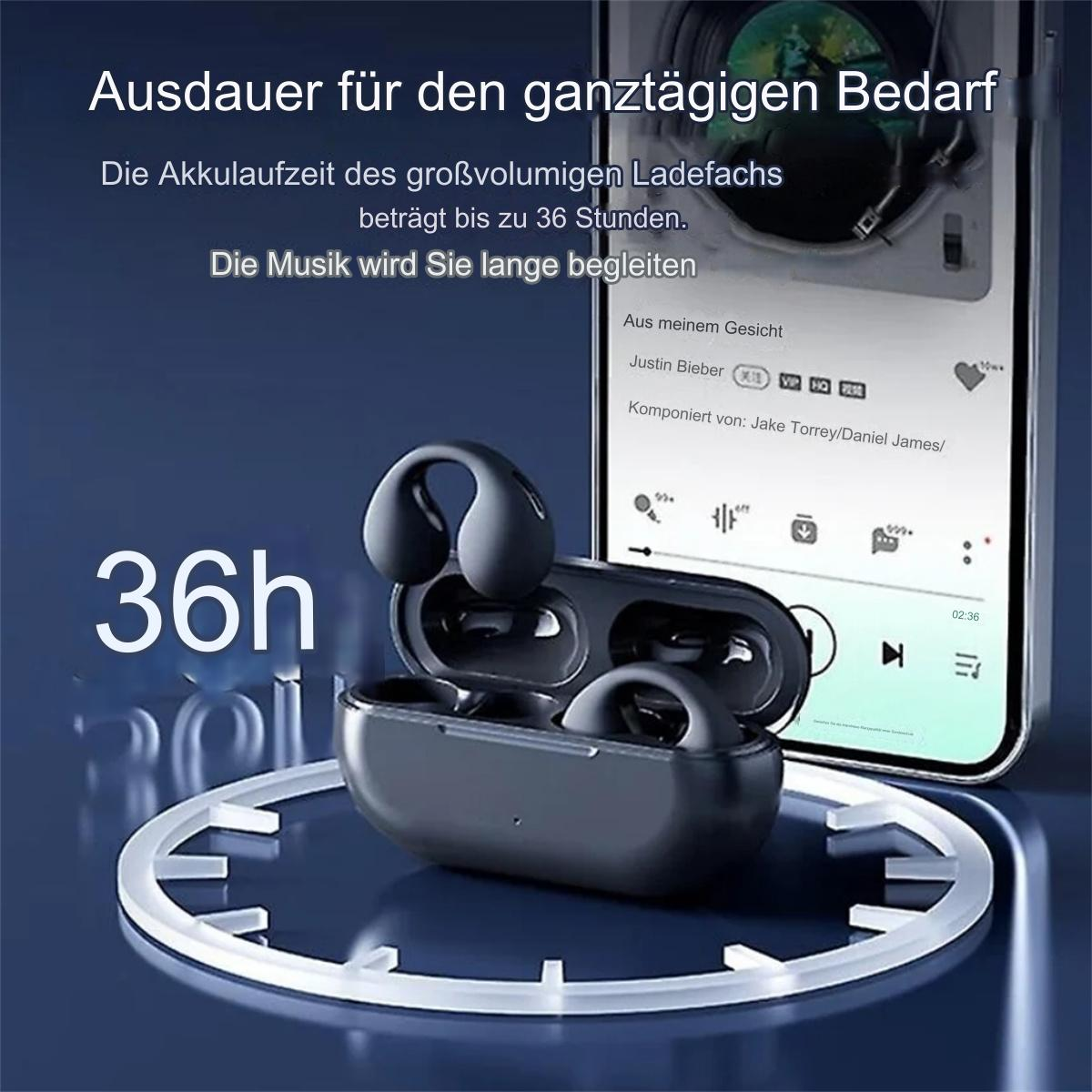 Kabellose Ohrhörer und ein Telefon, das eine Musik-App anzeigt. Ohrhörer und Telefon mit Text auf Deutsch.