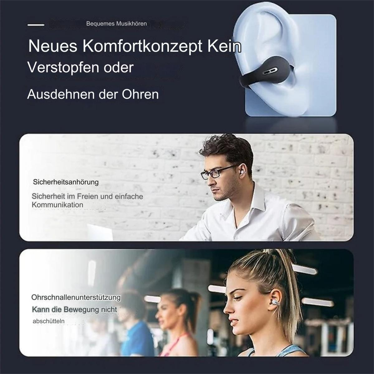 Eine Illustration mit Personen, die kabellose Ohrhörer tragen. Text beschreibt Vorteile.