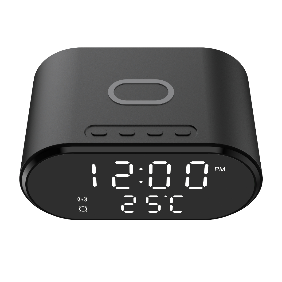 Eine schwarze Digitaluhr zeigt 12:00 PM und 25°C an. Die Uhr hat eine kabellose Ladestation oben drauf.
